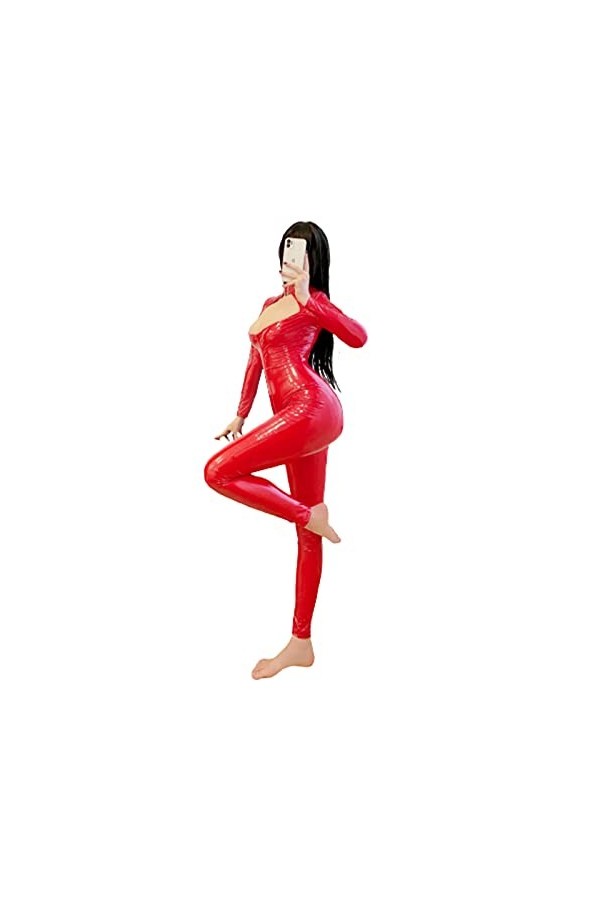 Body en Cuir Verni Latex Sexy pour Femmes, Justaucorps en Cuir, Cosplay Combinaison discothèque Barboteuses Color : Rouge, T