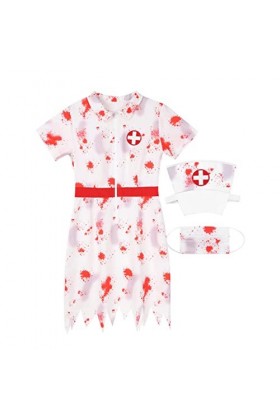 CHAOYI Costume dinfirmière taché de sang pour femme - Costume dHalloween et de costumade - Chapeau à revers - Robe à manche