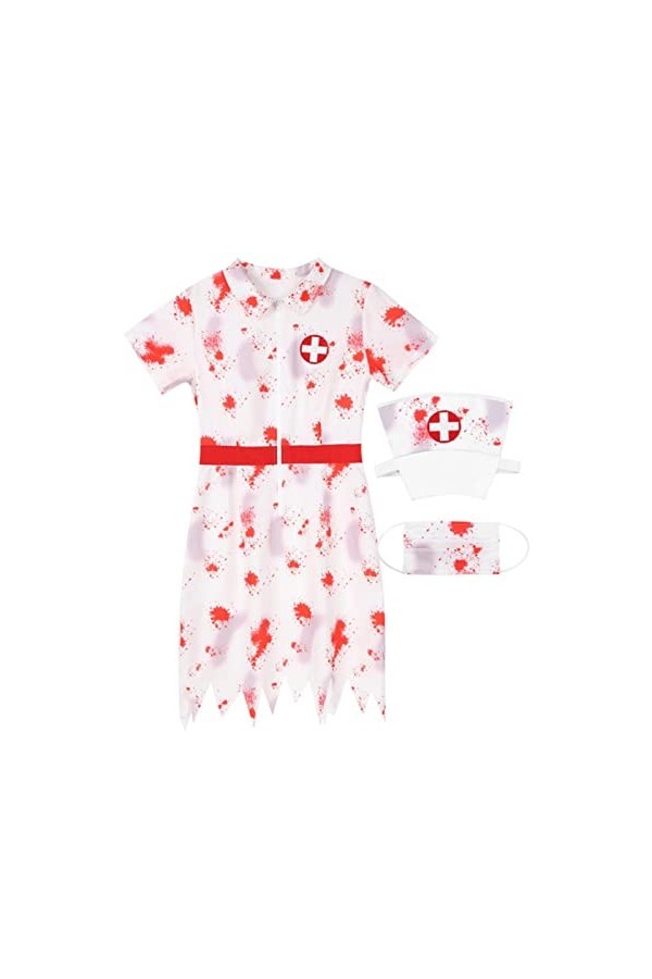 CHAOYI Costume dinfirmière taché de sang pour femme - Costume dHalloween et de costumade - Chapeau à revers - Robe à manche