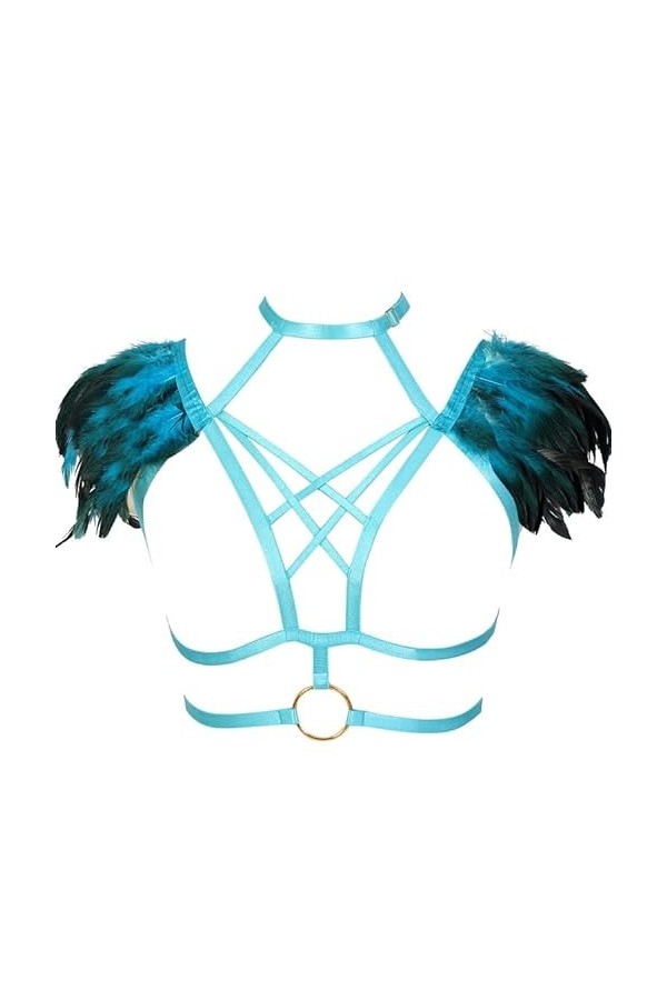 N/A/A Harnais de corps avec plumes douces et épaules - Soutien-gorge à bretelles - Ailes - Pour homme - Pour festival, rave -