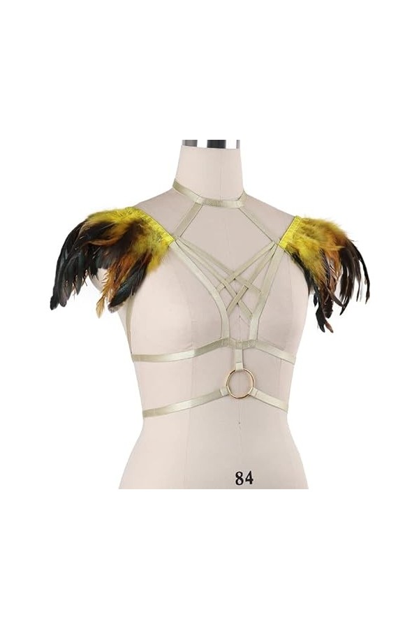 N/A/A Harnais de corps avec plumes douces et épaules - Soutien-gorge à bretelles - Ailes - Pour homme - Pour festival, rave -
