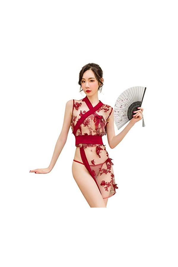 Lingerie sexy Cheongsam pour femme - Nuisette en maille - Combinaison transparente - Costume de soubrette - Rouge bordeaux