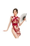 Lingerie sexy Cheongsam pour femme - Nuisette en maille - Combinaison transparente - Costume de soubrette - Rouge bordeaux