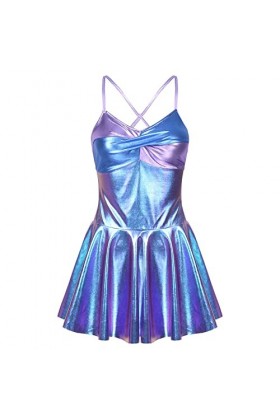 Robe de danse métallique brillante pour femme avec découpe dans le dos et bretelles croisées pour performance sur scène, bleu