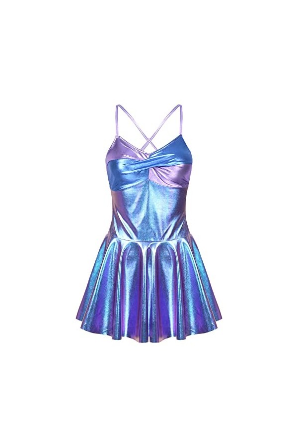 Robe de danse métallique brillante pour femme avec découpe dans le dos et bretelles croisées pour performance sur scène, bleu