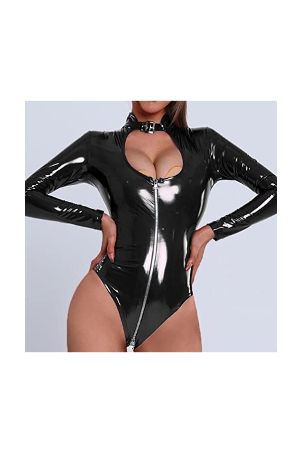 COOKOE Justaucorps en cuir verni latex effet mouillé à col montant et manches longues avec fermeture éclair
