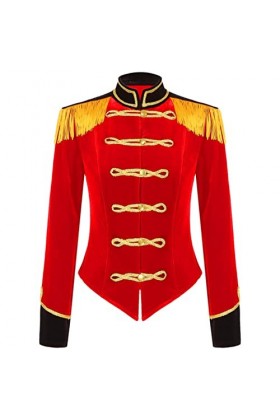 Costume de commandant de cirque pour femme - Costume dHalloween - Col montant - Pompon - Épaules - Veste en velours - Rouge 