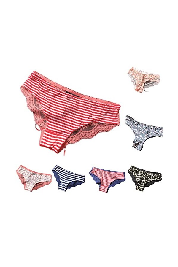 Strings et Tangas Femme 3/5/7PCS Sexy Glace Soie Impression Triangle Taille Basse Culotte Dames Creux Respirant Arc Ruban Rub