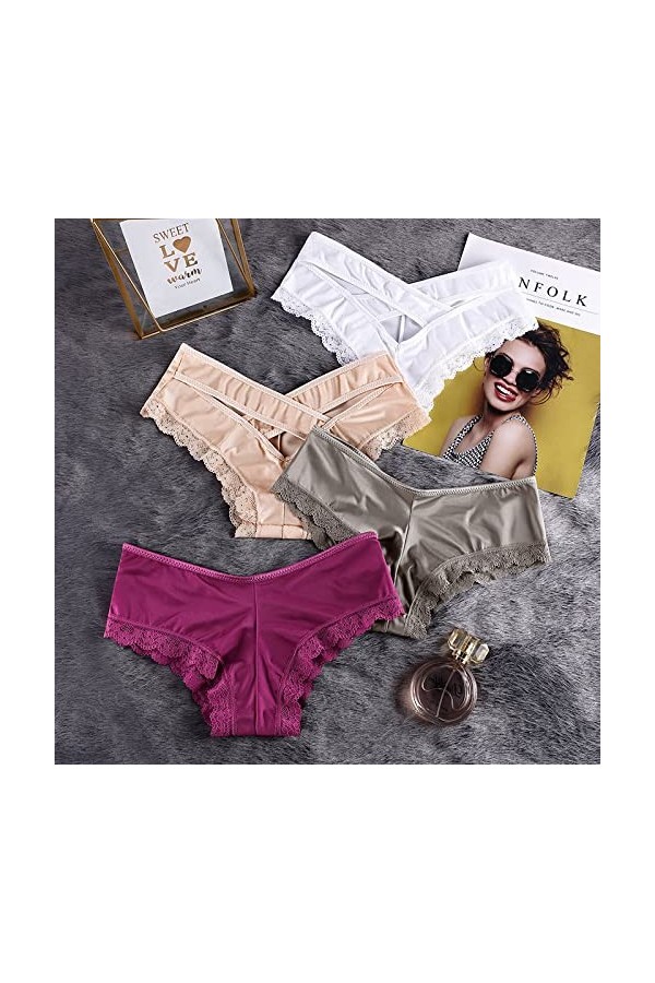 Strings et Tangas Femme 3/5/7 pièces sans Marque Taille Basse Dames Glace Soie Culotte Transparent Creux Dentelle Garniture D