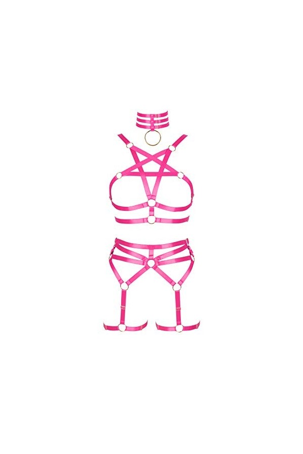 BBOHSS Femmes Corps Harnais Pentagramme Soutien-Gorge Ensemble Punk jarretière Jambe Taille Danse élastique Gothique Carnaval