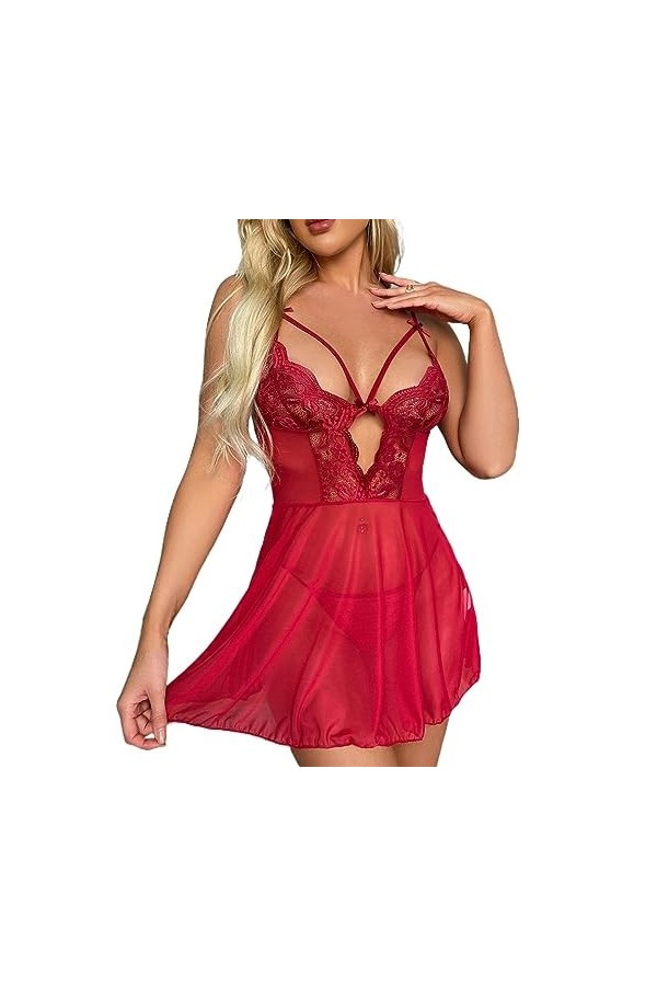 Femmes Lingerie Sexy Chemise De Nuit Chemise Dentelle Lingerie Vêtements De Nuit Col en V Nuisette Chemise De Nuit Color : R