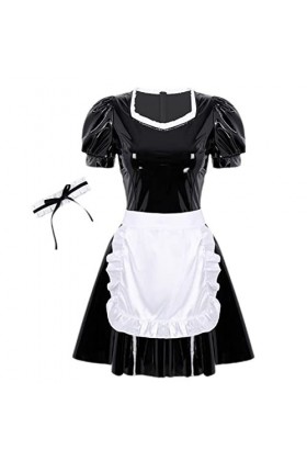 CHOUBAGUAI Robe de soubrette française pour femme - Costume sexy à manches bouffantes - Robe en cuir avec tablier et bandeau 