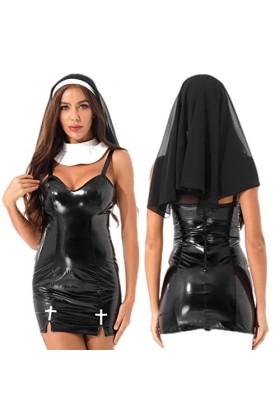 CHOUBAGUAI Mini robe thermique en cuir verni avec ourlet fendu, fermeture éclair dans le dos, avec col et bandana, noir, L