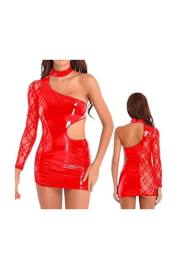 CHOUBAGUAI Robe moulante en dentelle asymétrique pour femme - Robe sexy en cuir verni avec découpe - Rouge, L