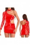CHOUBAGUAI Robe moulante en dentelle asymétrique pour femme - Robe sexy en cuir verni avec découpe - Rouge, L