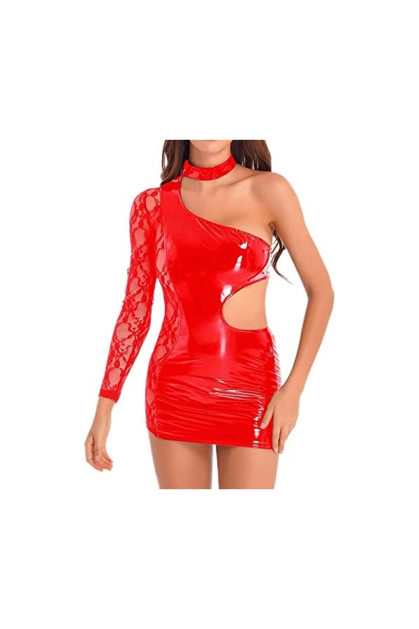 CHOUBAGUAI Robe moulante en dentelle asymétrique pour femme - Robe sexy en cuir verni avec découpe - Rouge, L