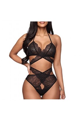 WDZOWU Lingerie Sexy Homme Soutien-Gorge en Dentelle Croisée Lingerie Sexy Ensemble De String Vêtements De Nuit, Noir, M