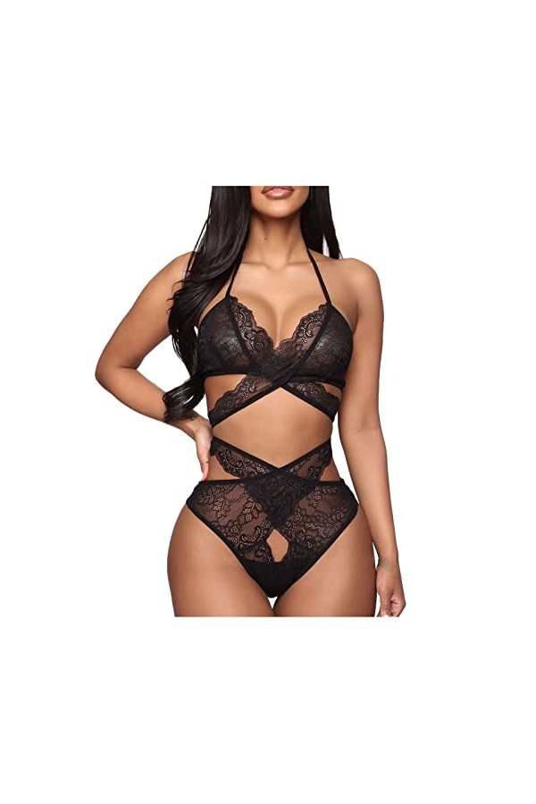 WDZOWU Lingerie Sexy Homme Soutien-Gorge en Dentelle Croisée Lingerie Sexy Ensemble De String Vêtements De Nuit, Noir, M