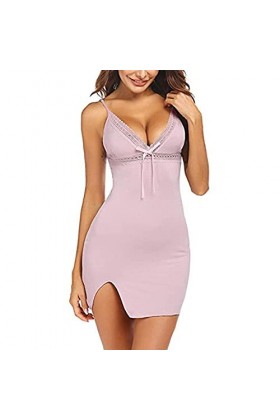 Body Babydoll Deep V Lingerie Femme Sexy Pyjama Nuisette Modal Dentelle Chemise de Nuit Porte-Jarretelles Robe Bretelles Fend