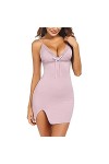 Body Babydoll Deep V Lingerie Femme Sexy Pyjama Nuisette Modal Dentelle Chemise de Nuit Porte-Jarretelles Robe Bretelles Fend