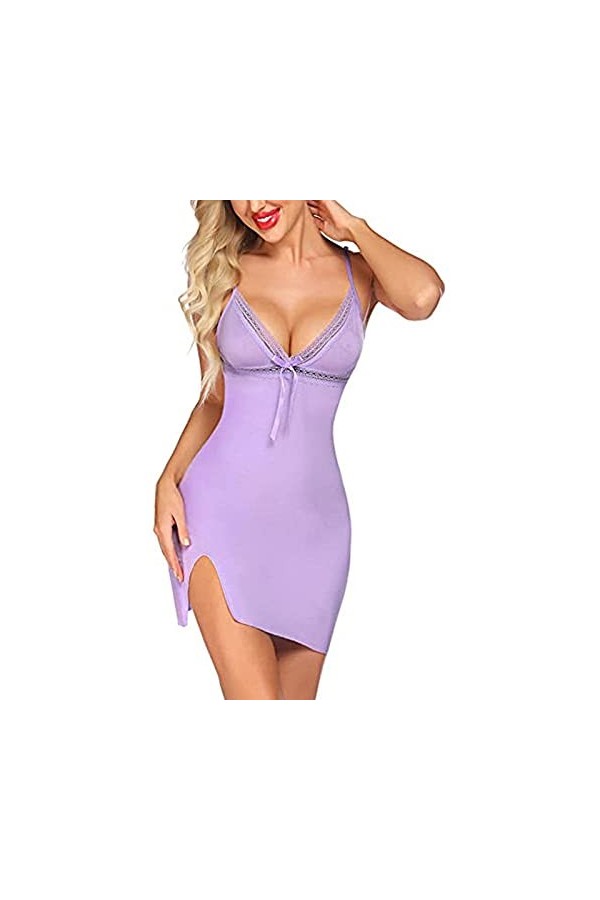 Body Babydoll Deep V Lingerie Femme Sexy Pyjama Nuisette Modal Dentelle Chemise de Nuit Porte-Jarretelles Robe Bretelles Fend