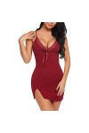 Body Babydoll Deep V Lingerie Femme Sexy Pyjama Nuisette Modal Dentelle Chemise de Nuit Porte-Jarretelles Robe Bretelles Fend