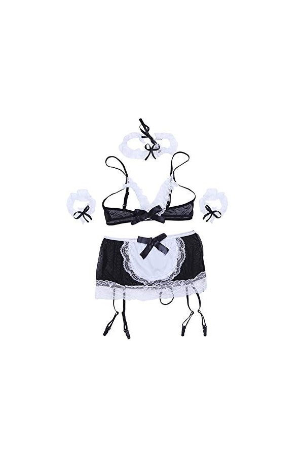 YIJIAN 5pcs Femmes Lingerie Ensembles Maid Cosplay Cosplay Jupe à String G-String Bra G-String Color : White Black, Size : O