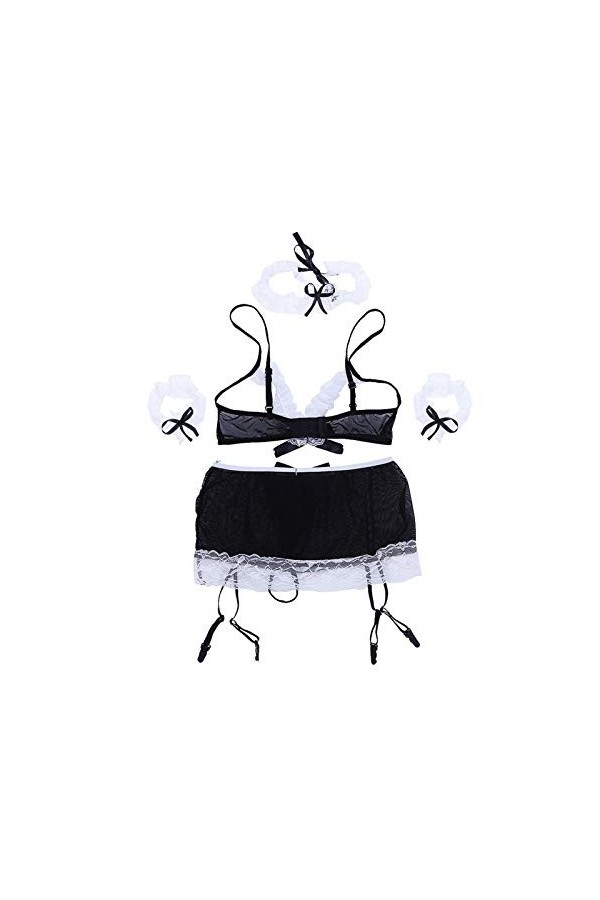 YIJIAN 5pcs Femmes Lingerie Ensembles Maid Cosplay Cosplay Jupe à String G-String Bra G-String Color : White Black, Size : O