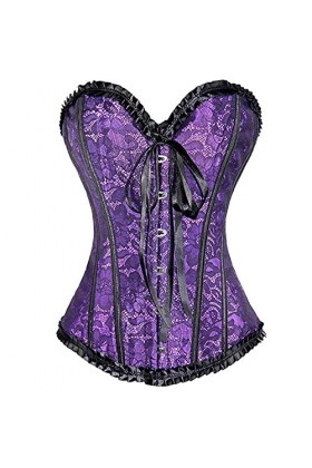 XUEFX Corset Femme Sexy Feuille De Lotus Vintage Bustier Motif Dentelle Overbust Top + G-String Color : Purple, Size : M 