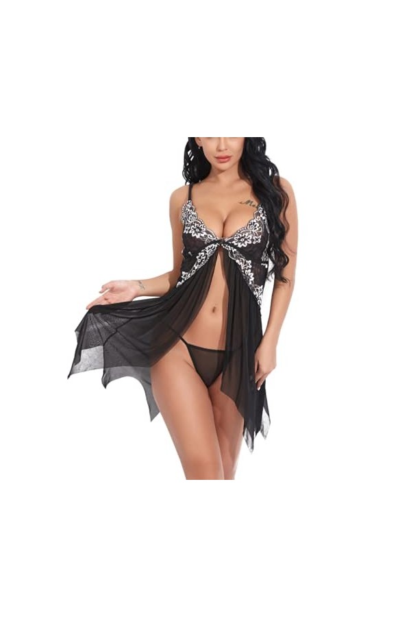 LSSM Jupe à Bretelles Sexy en Maille Translucide en Dentelle De Costume Sexy Tentation Set Porte-Jarretelle Et String Grandes