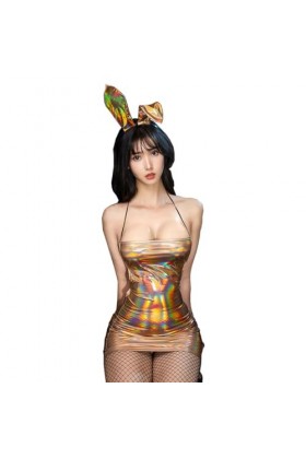 SNOMYRS Costume de lapin sexy en latex holographique brillant pour adulte - Costume de lapin dHalloween - Costume de diable 