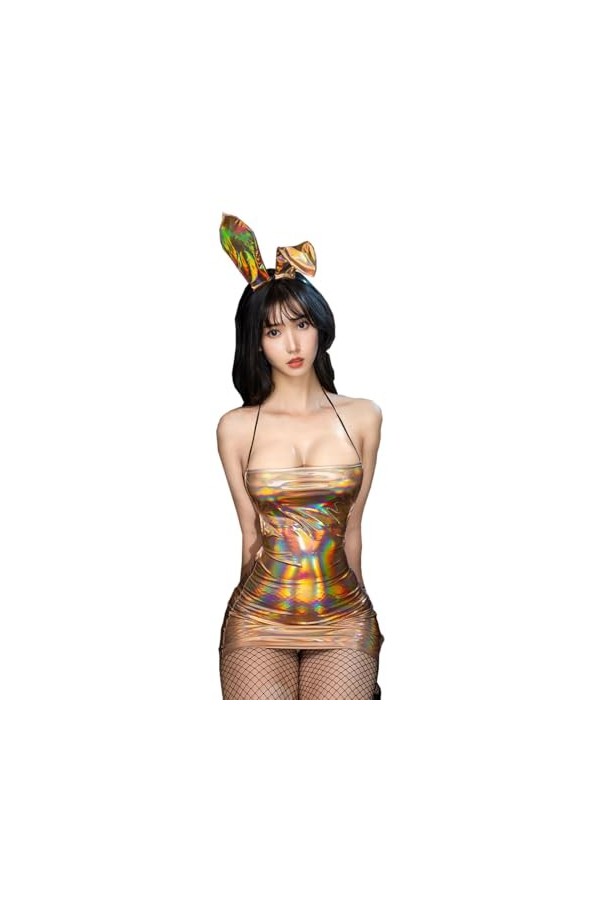 SNOMYRS Costume de lapin sexy en latex holographique brillant pour adulte - Costume de lapin dHalloween - Costume de diable 