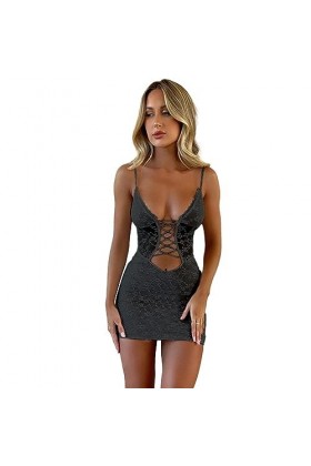 SUSHRUTA Dentelle Évider Pansement Sexy Mini Robe pour Les Femmes Robe Spaghetti Sangle sans Manches Moulante Fête Club Robe 