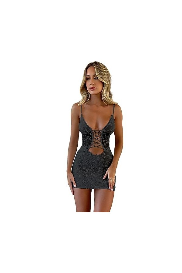 SUSHRUTA Dentelle Évider Pansement Sexy Mini Robe pour Les Femmes Robe Spaghetti Sangle sans Manches Moulante Fête Club Robe 