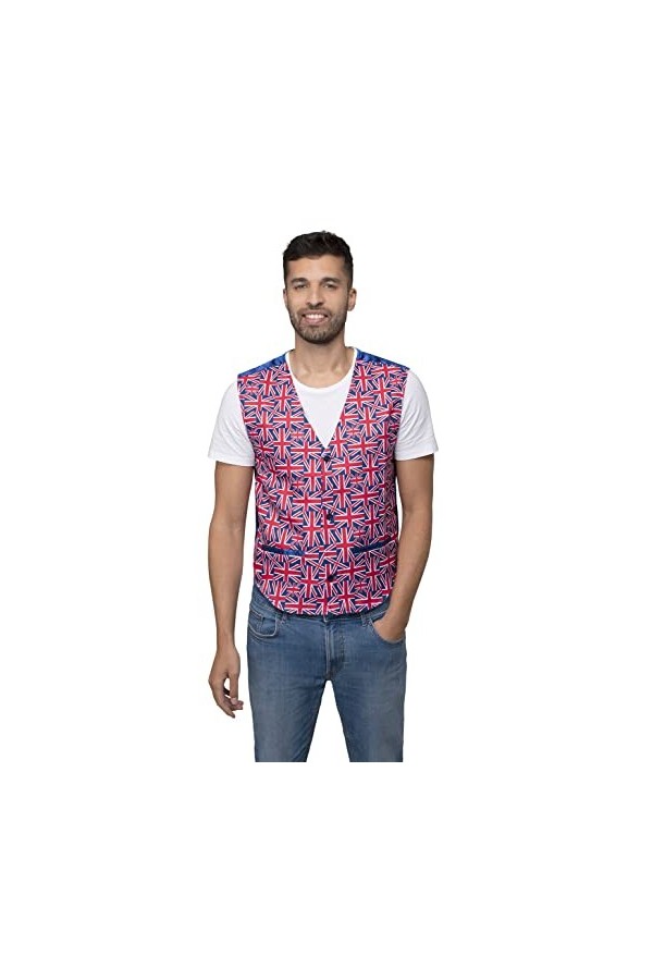 Smiffys Costume & Party Gilet imprimé Union Jack 2023 King Charles Couronnement Costume Adulte, rouge/blanc/bleu, L