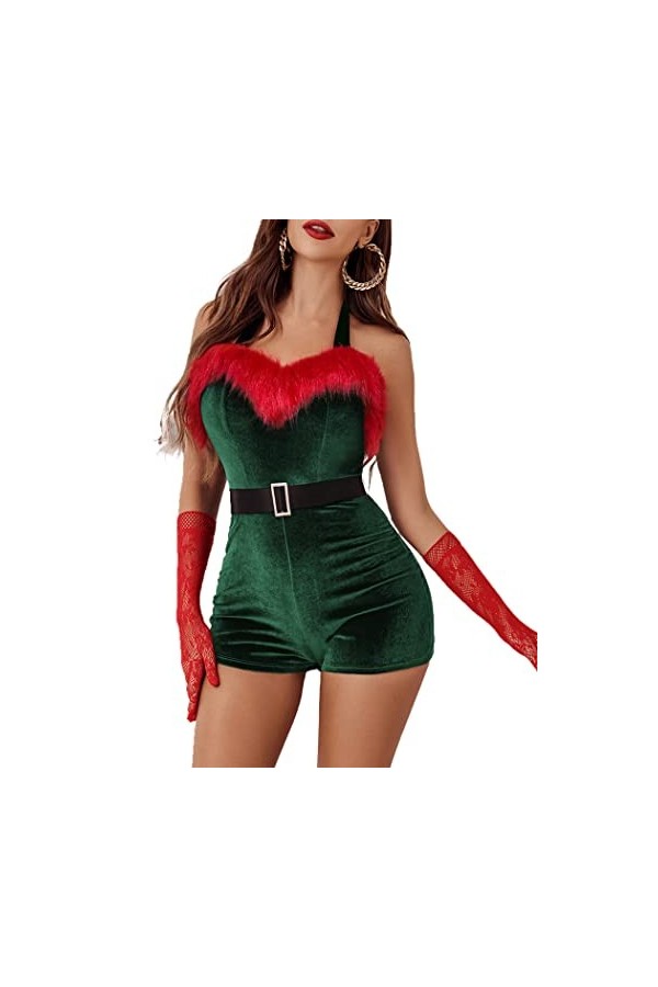 FeMereina Costume de Père Noël pour femme avec col en V profond et ceinture, Rouge 2., L