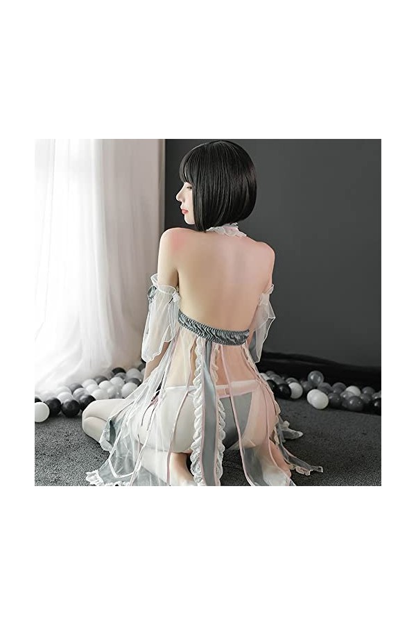 Hanfu Lingerie sexy pour femme Cosplay Anime japonais Pyjama pétale de chiffon, Vert/gris, taille unique