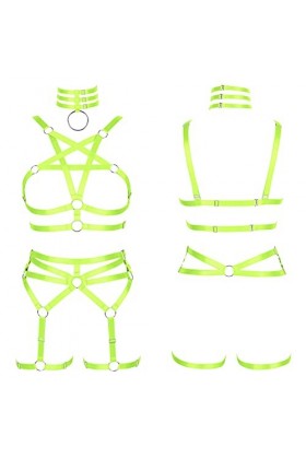 Ensemble harnais de corps pour femme avec soutien-gorge pentagramme punk jarretière jambe taille danse élastique gothique car