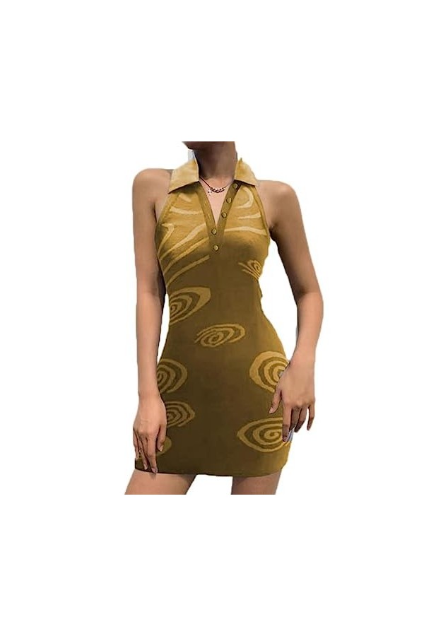 Robe Femme Ondulation de leau Imprimé Col Rabattu sans Manches Dos Nu Mini Robe dété Élégante Dames Robes-Lavande,M