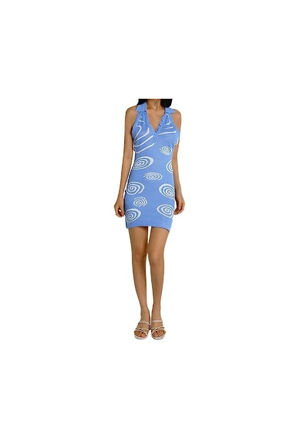 Robe Femme Ondulation de leau Imprimé Col Rabattu sans Manches Dos Nu Mini Robe dété Élégante Dames Robes-Lavande,M