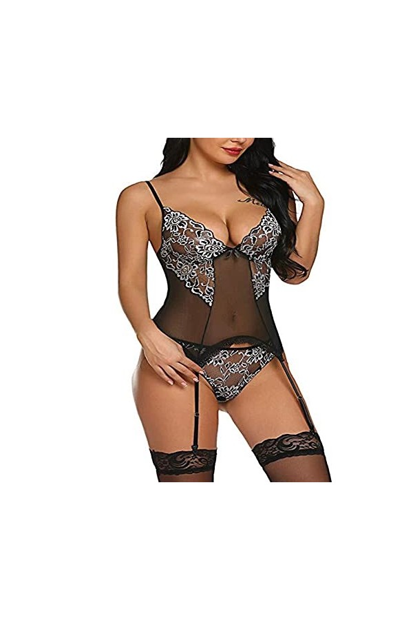 LSSM Robe à Bretelles Lady Temptation, Une PièCe en Dentelle Transparente pour Dames, Pyjama Sexy Lingerie Coquine Culotte Ou