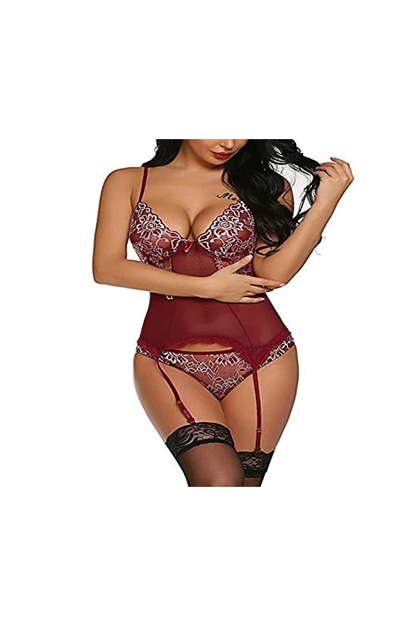 LSSM Robe à Bretelles Lady Temptation, Une PièCe en Dentelle Transparente pour Dames, Pyjama Sexy Lingerie Coquine Culotte Ou