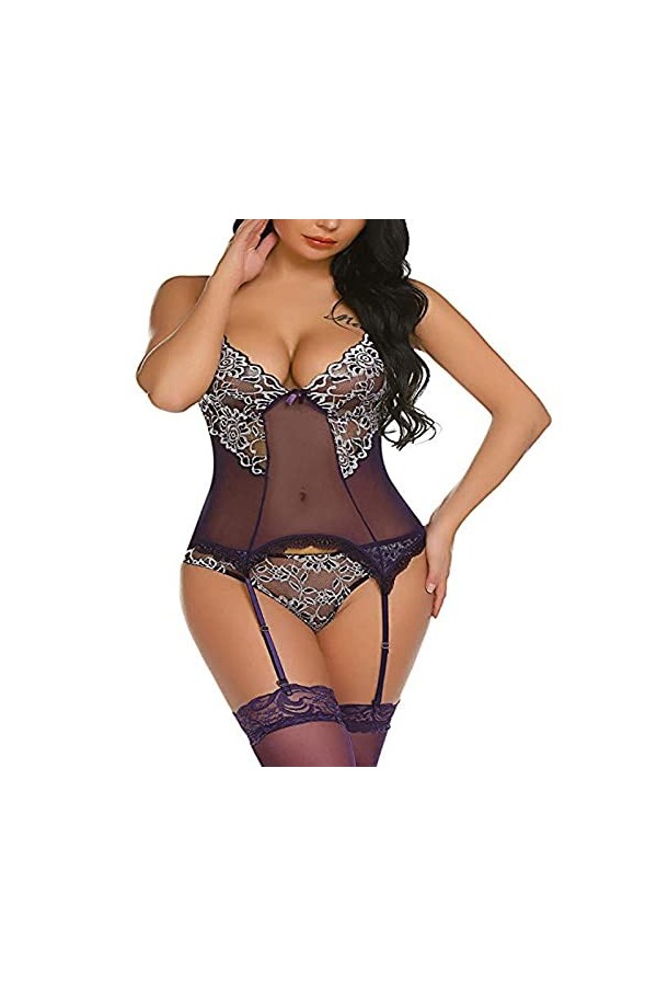 LSSM Robe à Bretelles Lady Temptation, Une PièCe en Dentelle Transparente pour Dames, Pyjama Sexy Lingerie Coquine Culotte Ou