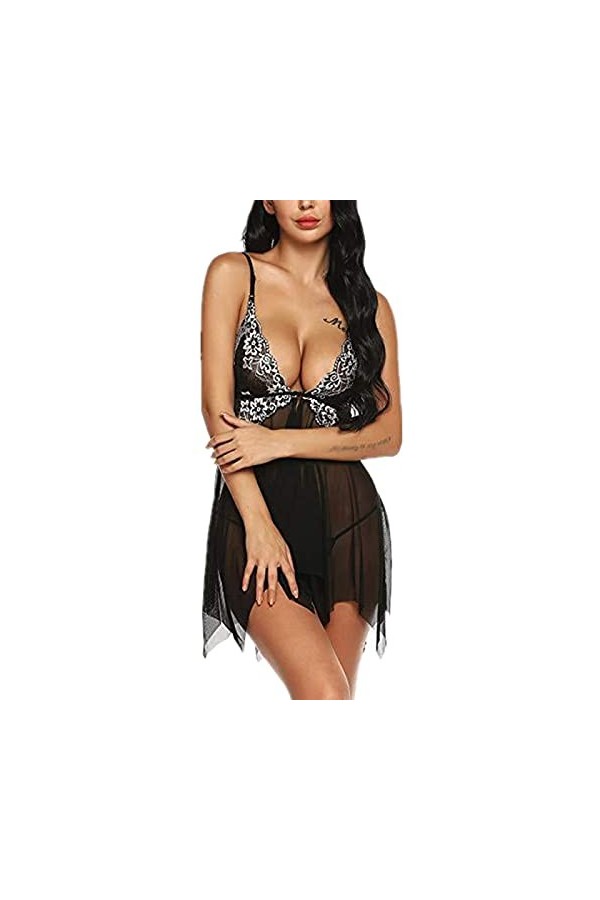 LSSM Jupe à Bretelles Sexy en Maille Translucide en Dentelle Sexy Femme Dentelle Sexy Femme-Lingerie Sexy Femme Coquine-sous-