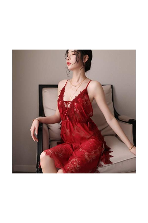 Bwer Lingerie Sexy pour Femmes Chemise de Nuit Attraction Sexuelle Robe déchirée Dentelle Florale Gaze Perspective bandoulièr