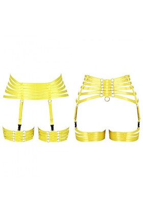 Harnais de corps pour femme avec jarretelles style punk gothique en tissu extensible - jaune - Taille Unique