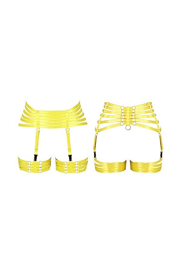 Harnais de corps pour femme avec jarretelles style punk gothique en tissu extensible - jaune - Taille Unique