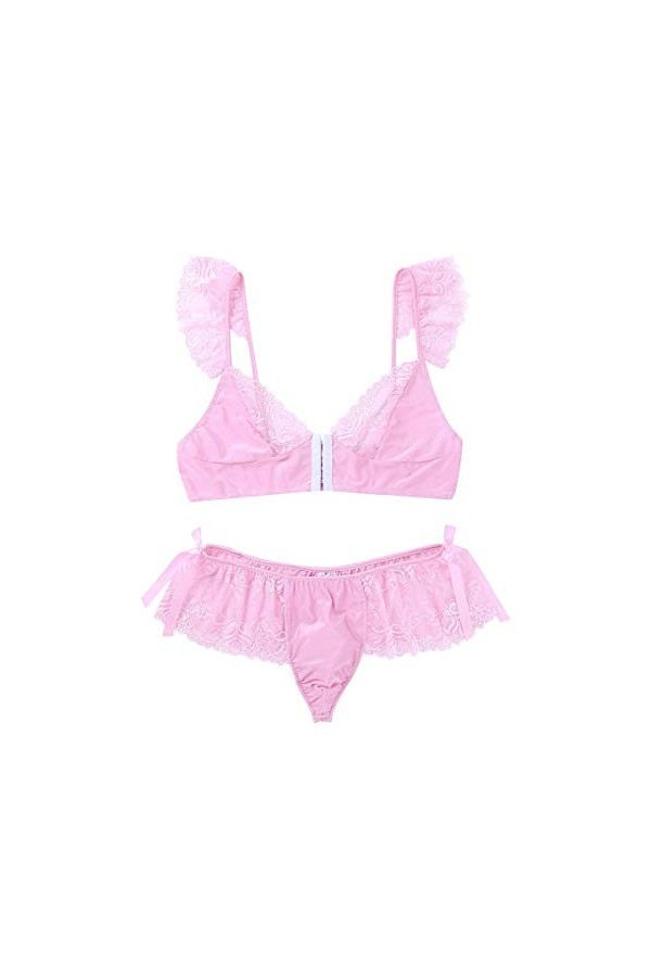 DINGGUANGHE-CUP Lanières Hommes, Mémoires sous-vêtements Homme Set Doux Dentelle Rose/Blanc Set Lingerie Bretelles Spaghetti 