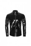 Hommes Sexy Brillant Wetlook Cuir Chemise façonnage Gaine Manteau décontracté mâle Brillant PVC Cuir Veste Hauts
