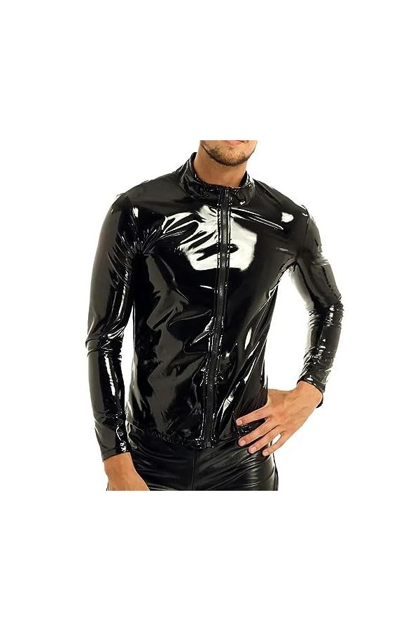 Hommes Sexy Brillant Wetlook Cuir Chemise façonnage Gaine Manteau décontracté mâle Brillant PVC Cuir Veste Hauts